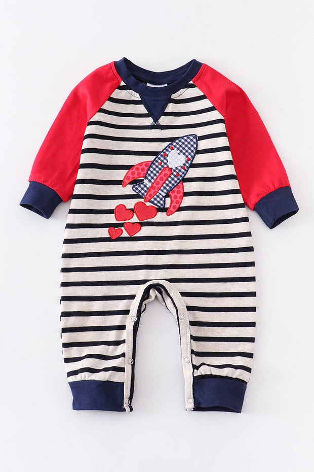 Stripe rocket heart applique raglan boy romper