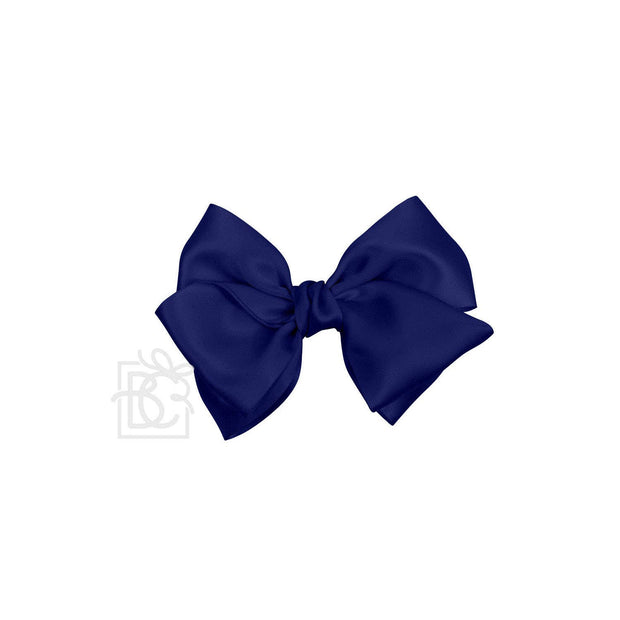 SATIN EUROPEAN BOW W/RUFFLED KNOT ON CLIP: 5" Euro Bow on Med. Alligator Clip / NAVY