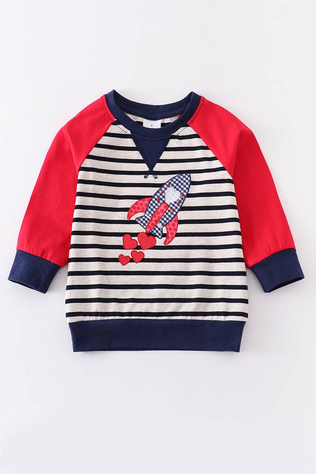 Stripe rocket heart applique raglan boy top