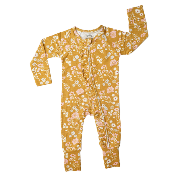 Mustard Floral Bamboo Baby Convertible Footie Pajama Romper