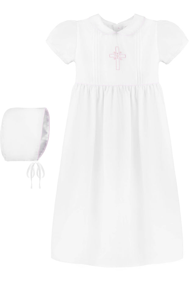Baby Girl Pink Embroidered Cross Christening Gown + Bonnet